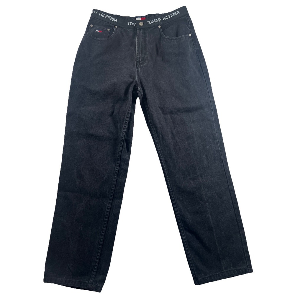 Vtg 90's Tommy Hilfiger Straight‎ Jeans Spell Out Logo Waistband Sz 12 Black